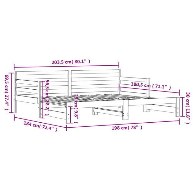 vidaXL Slaapbank met onderschuifbed 90x200 cm massief grenenhout