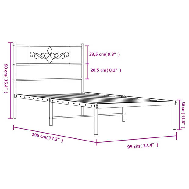 vidaXL Bedframe met hoofdbord metaal zwart 90x190 cm