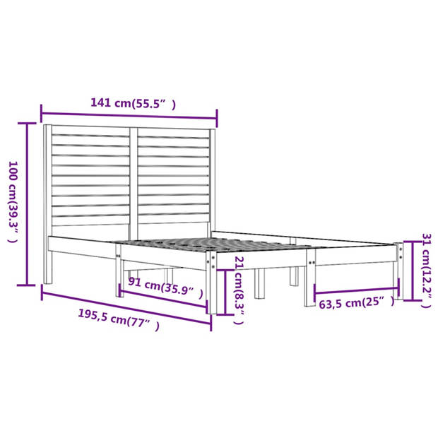 vidaXL Bedframe massief hout wit 135x190 cm