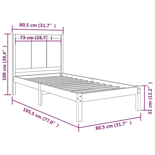 vidaXL Bedframe massief grenenhout wit 75x190 cm