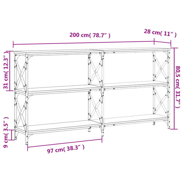 vidaXL Wandtafel 200x28x80,5 cm bewerkt hout gerookt eikenkleurig