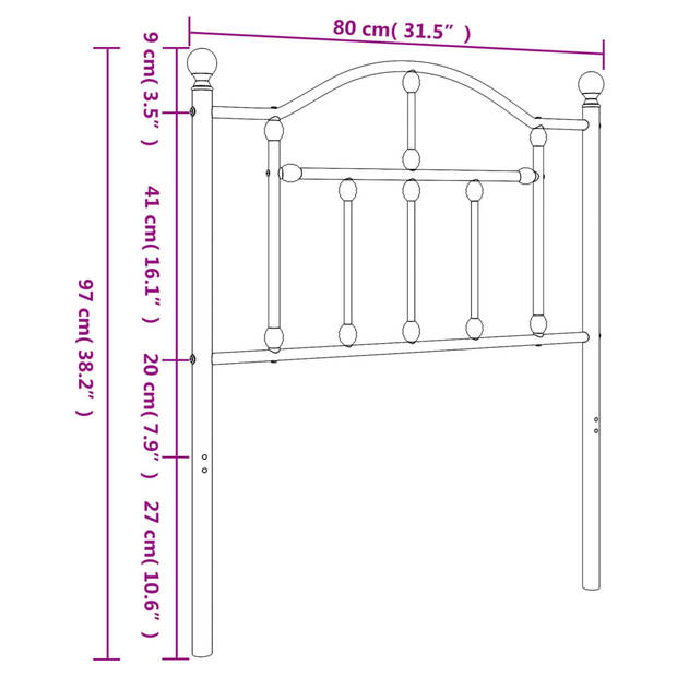 vidaXL Hoofdbord 75 cm metaal zwart