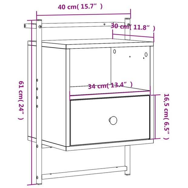 vidaXL Nachtkastje wandgemonteerd 40x30x61 cm bewerkt hout sonoma