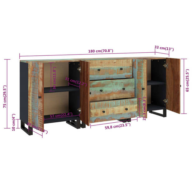 vidaXL 3 st Dressoir massief gerecycled hout