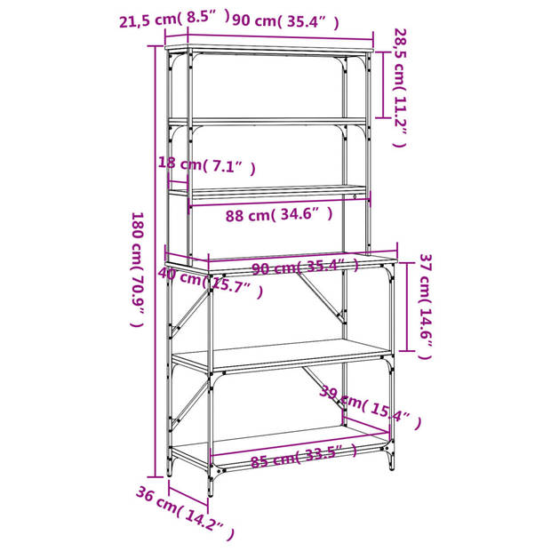 vidaXL Bakkersrek 6-laags 90x40x180 cm bewerkt hout grijs sonoma eiken