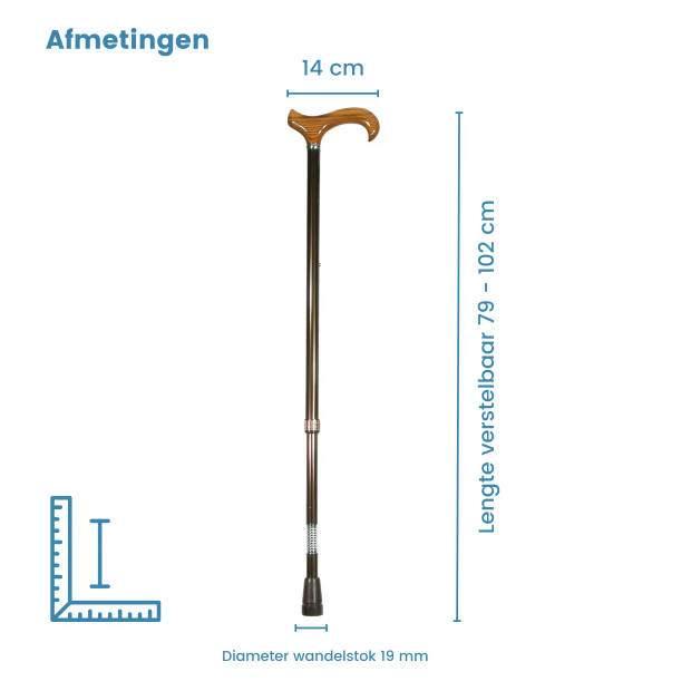 Classic Canes Verstelbare wandelstok - Bruin - Schokdemper - XL wandelstok - Essenhout Derby - Lengte 77 - 100 cm