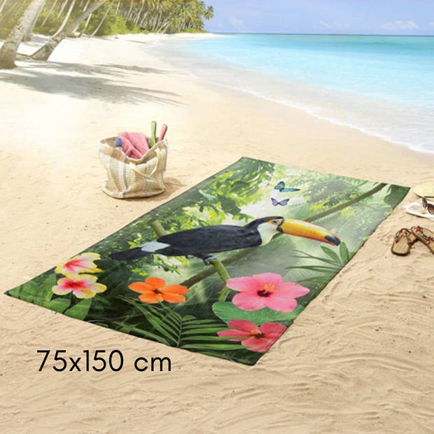 Droomtextiel Toekan Jungle Groen strandlaken - Handdoek 100x180 cm - Heerlijk Zacht - Poly Velours