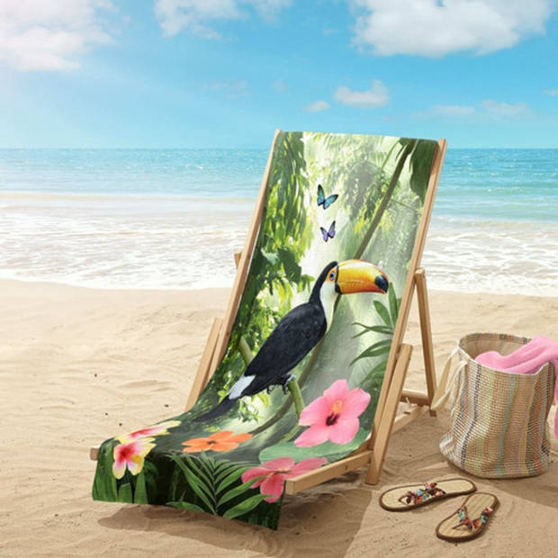 Droomtextiel Toekan Jungle Groen strandlaken - Handdoek 100x180 cm - Heerlijk Zacht - Poly Velours