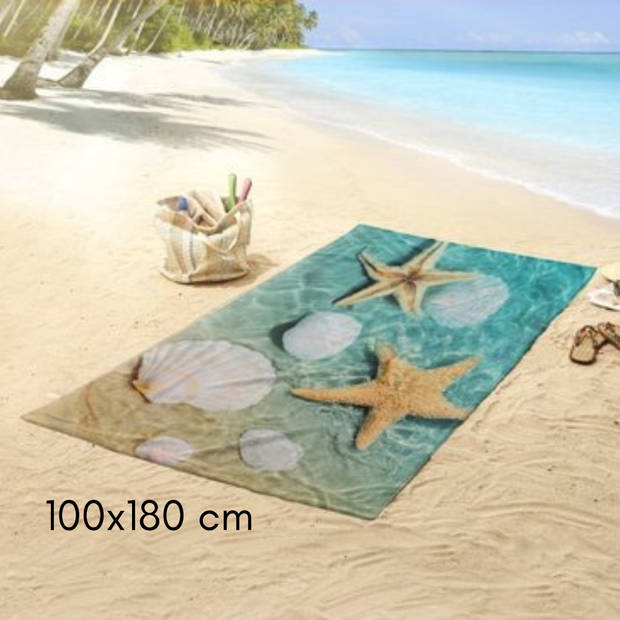 Droomtextiel Zeester Schelpen Strand strandlaken - Handdoek 100x180 cm - Heerlijk Zacht - Poly Velours