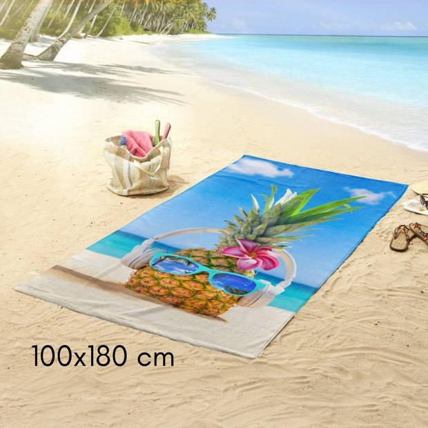 Droomtextiel Ananas Pineapple strandlaken - Handdoek 100x180 cm - Heerlijk Zacht - Poly Velours