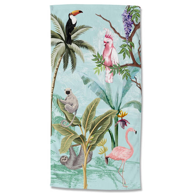 Droomtextiel Flamingo Toekan Luiaard Mint Kinder Strandlaken - Handdoek 75x150 cm - Heerlijk Zacht - Velours