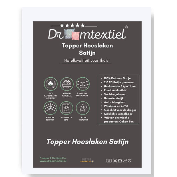 Droomtextiel Topper Hoeslaken Satijn 180x200 cm - Wit - Hoogwaardige Kwaliteit - Super Zacht