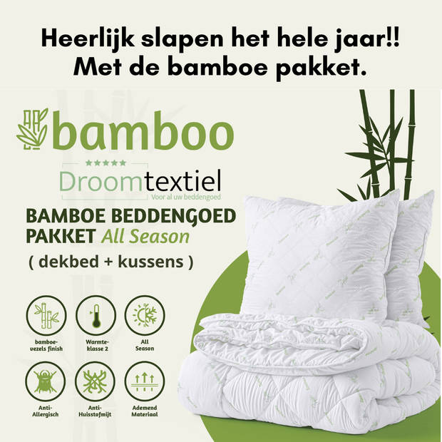 Droomtextiel Bamboe Dekbed + 2 Bamboe Hoofdkussen - Tweepersoons 200x220 cm Extra Lang Warmteklasse 2