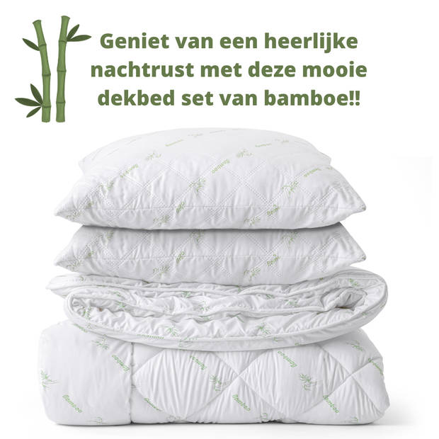 Droomtextiel Bamboe Dekbed + 2 Bamboe Hoofdkussen - Tweepersoons 200x220 cm Extra Lang Warmteklasse 2