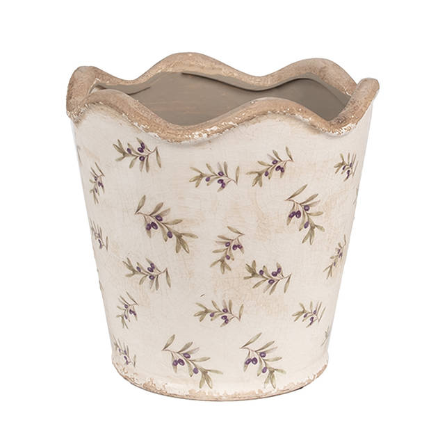 Clayre & Eef Bloempot Binnen Ø 19x18 cm Beige Blauw Keramiek Olijven Plantenpot Beige Plantenpot