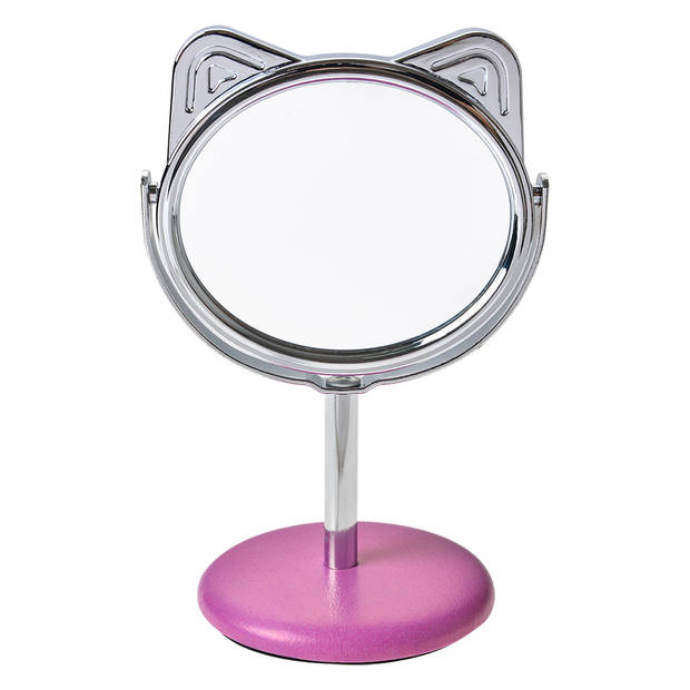 Clayre & Eef Spiegel Kat Ø 9x14 cm Beige Roze Metaal Glas Rond Make-Up Spiegel Beige Make-Up Spiegel