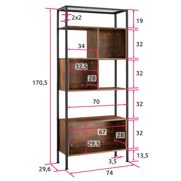 tectake - Wandrek wandkast boekenkast Hastings 75x31x170,5cm - industrieel - donkerbruin - 404710