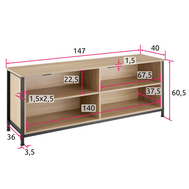 tectake - TV-meubel TV-kast Navan - 147x41x60,5cm - industrieel - lichtbruin - 404719