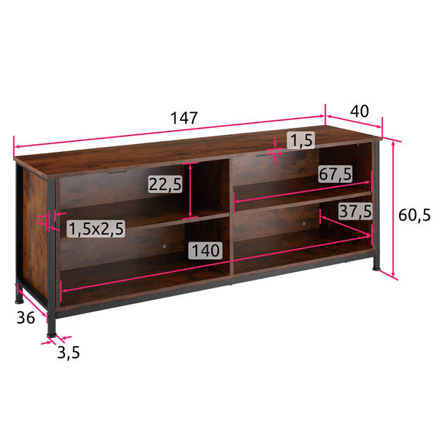 tectake - TV-meubel TV-kast dressoir Navan - 147x41x60,5cm - inductrieel - donkerbruin - 404718