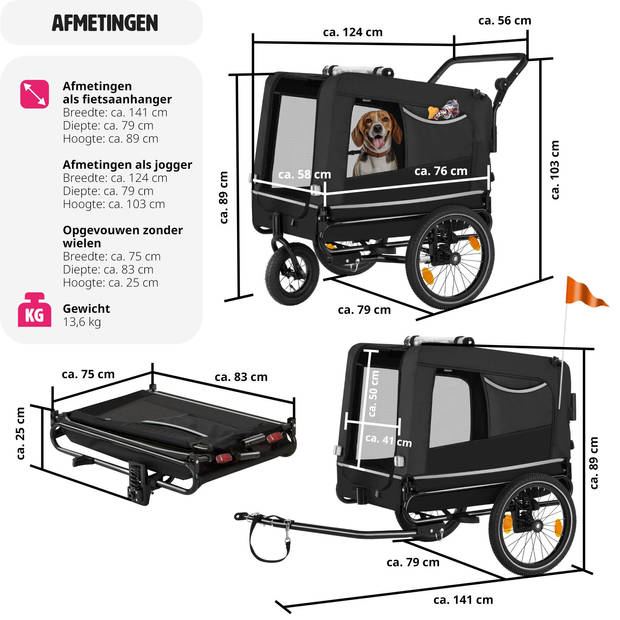 tectake Hondenkar WoofRider- zwart- veelzijdig, inklapbaar, tot 40 kg - hondenbuggy hondenwagen
