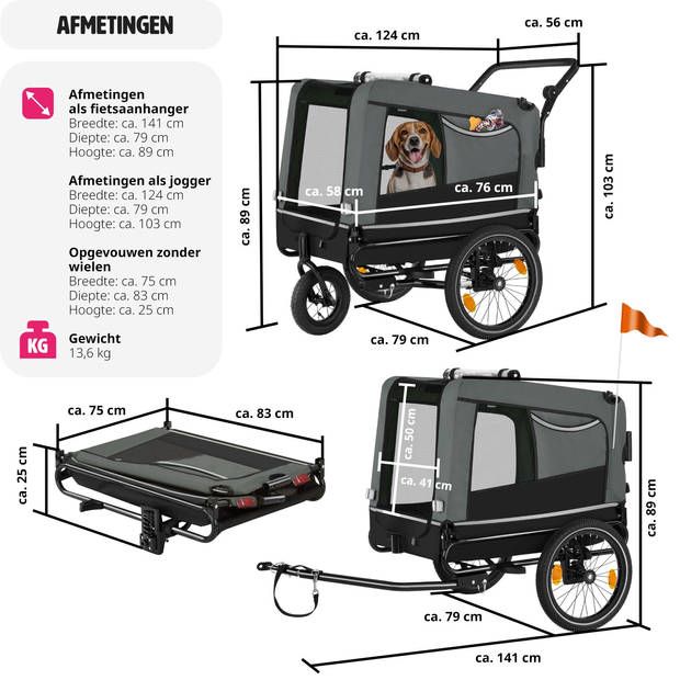 tectake® Hondenkar WoofRider - grijs - veelzijdig, inklapbaar, tot 40 kg - hondenbuggy hondenwagen