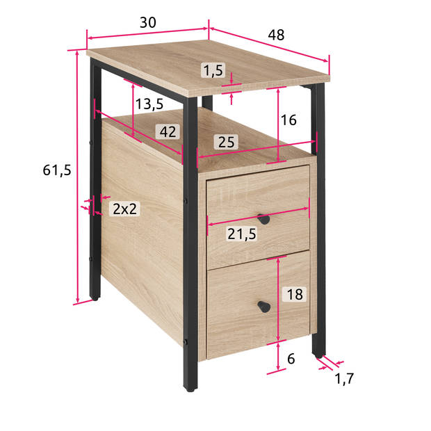 tectake - Nachtkastje bijzettafel Tullamore - 49,5x30x61,5cm - industrieel - lichtbruin - 404729