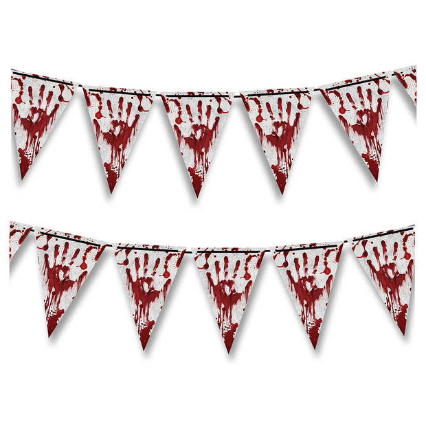 Halloween/horror thema vlaggenlijn - 2x - bloederige hand - kunststof - 400 cm - vlaggetjes versiering - Vlaggenlijnen