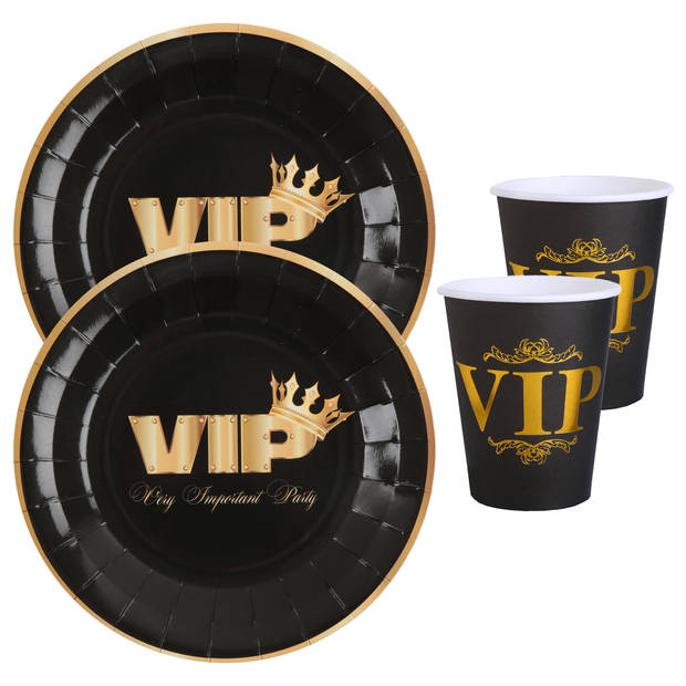 VIP feest wegwerp servies set - 10x bordjes / 10x bekers - zwart/goud - Feestpakketten