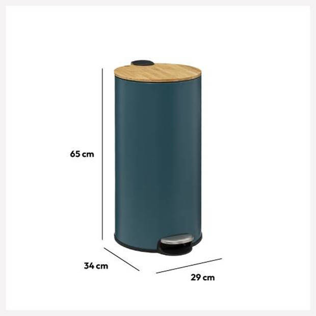 5Five prullenbak/pedaalemmer Bamboe - petrol blauw - metaal - 30 liter - 38 x 29 x 60 cm - keuken - Pedaalemmers