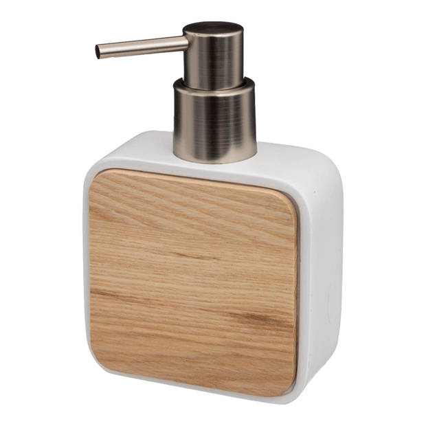5Five zeeppompje/zeepdispenser - 2x stuks - wit - 10 x 15 cm - 200 ml - bamboe/kunststeen - badkamer - Zeeppompjes