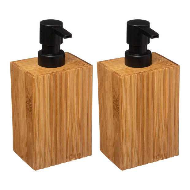 5Five Zeeppompje/dispenser Bamboo Lotion - 2x - lichtbruin/zwart - 8 x 17 cm - 280 ml - hout - Zeeppompjes