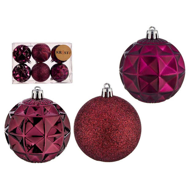 Krist+ kerstballen - 6x stuks - bordeaux rood - kunststof - gedecoreerd -7 cm - Kerstbal