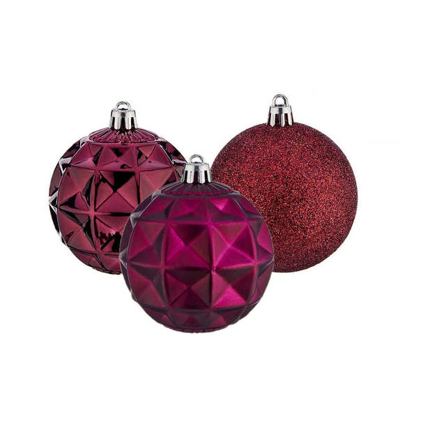 Krist+ kerstballen - 12x - wijn rood - kunststof - gedecoreerd -7 cm - Kerstbal