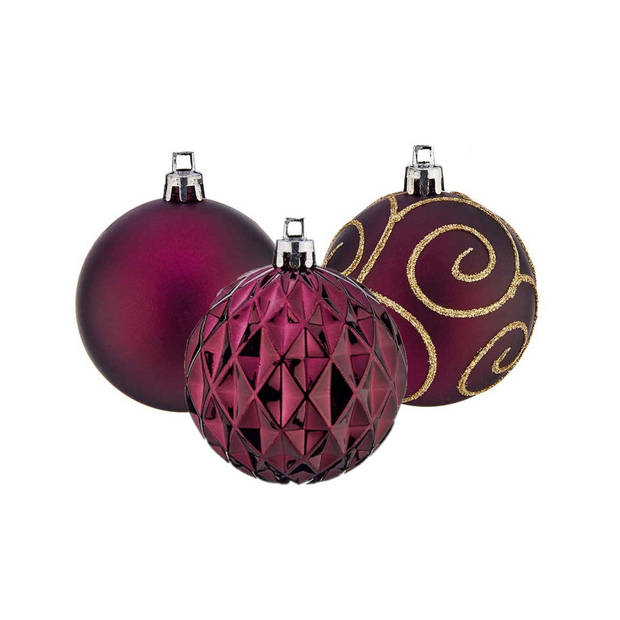 Krist+ kerstballen - 6x stuks - wijn rood - kunststof - gedecoreerd -6 cm - Kerstbal