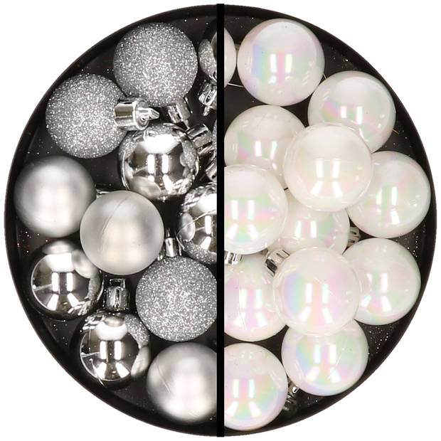 36x stuks kunststof kerstballen zilver en parelmoer wit 3 en 4 cm - Kerstbal