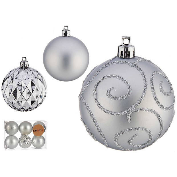 Krist+ kerstballen - 12x - 7 cm- zilver - kunststof - gedecoreerd - Kerstbal