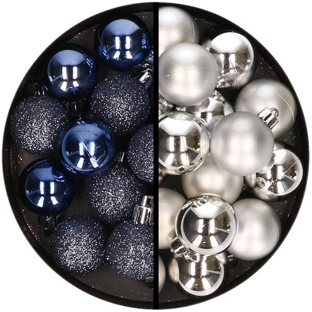 36x stuks kunststof kerstballen donkerblauw en zilver 3 en 4 cm - Kerstbal