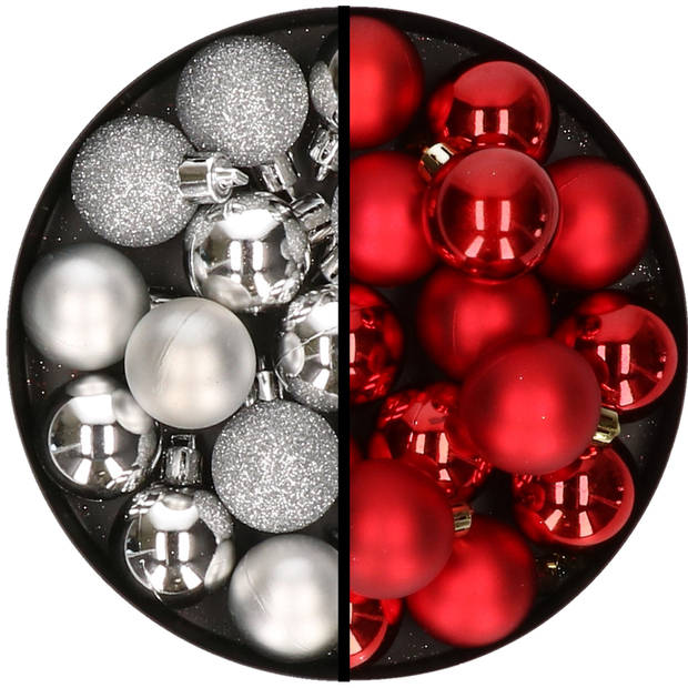36x stuks kunststof kerstballen zilver en rood 3 en 4 cm - Kerstbal