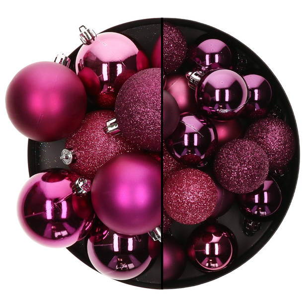 Kerstballen - 26x st - 3 en 7 cm - framboos roze - kunststof - Kerstbal