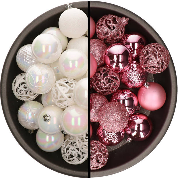 Kunststof kerstballen 74x stuks parelmoer wit en roze 6 cm - Kerstbal