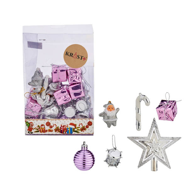 Krist+ kersthangers 24x - met piek - zilver/paars - voor mini boom - Kerstbal