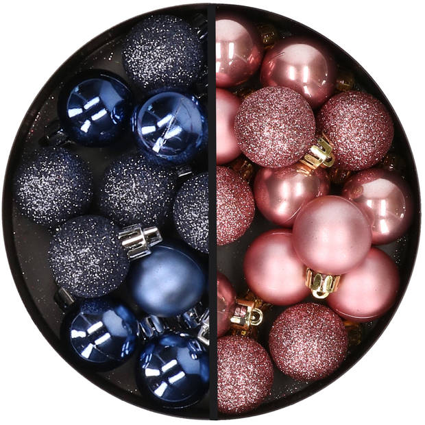 34x stuks kunststof kerstballen donkerblauw en oudroze 3 cm - Kerstbal