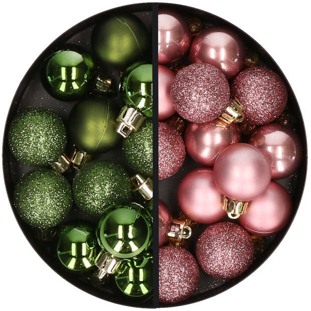 34x stuks kunststof kerstballen groen en oudroze 3 cm - Kerstbal