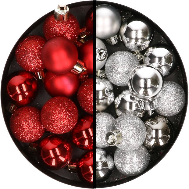 34x stuks kunststof kerstballen rood en zilver 3 cm - Kerstbal