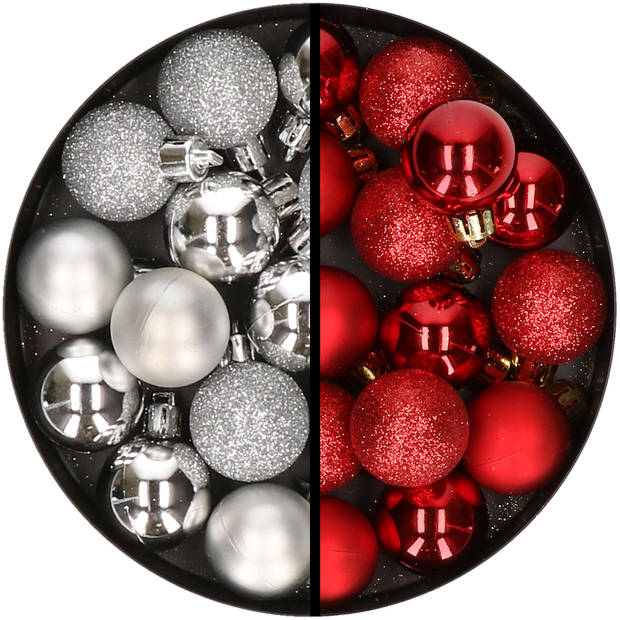 34x stuks kunststof kerstballen zilver en rood 3 cm - Kerstbal