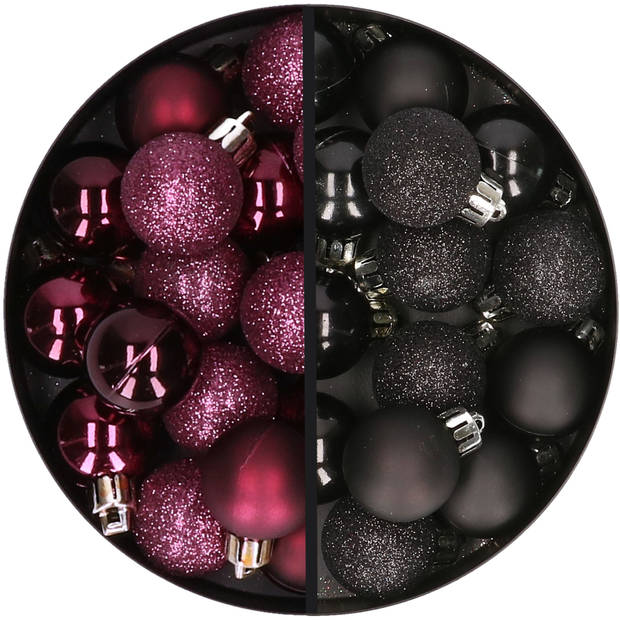 34x stuks kunststof kerstballen aubergine paars en zwart 3 cm - Kerstbal