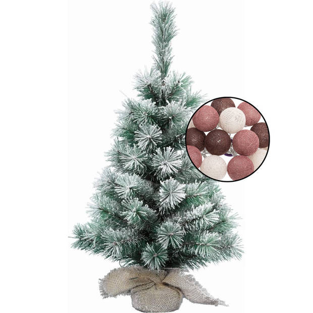Mini kerstboom besneeuwd met verlichting - in jute zak - H60 cm - kleur mix rood - Kunstkerstboom