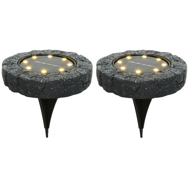 Lumineo Solar grond prikspot/tuinspot - 2x - kunststeen - steengrijs - 11 x 2 cm - Prikspotjes