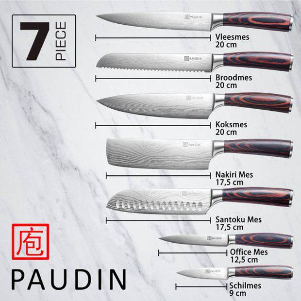 PAUDIN NS7 Professionele Messenset met Japans Design - Set van 7 stuks - Vlijmscherp Koksmes, Broodmes, Vleesmes