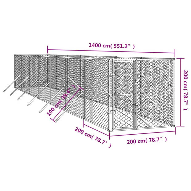 vidaXL Hondenkennel voor buiten 2x14x2 m gegalvaniseerd staal zilver